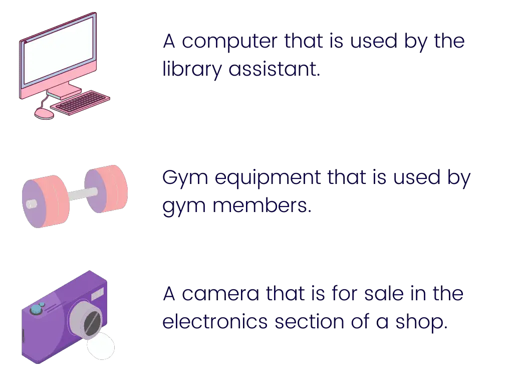 A computer that is used by the library assistant. Gym equipment that is used by gym members. A camera that is for sale in the electronics section of a shop.