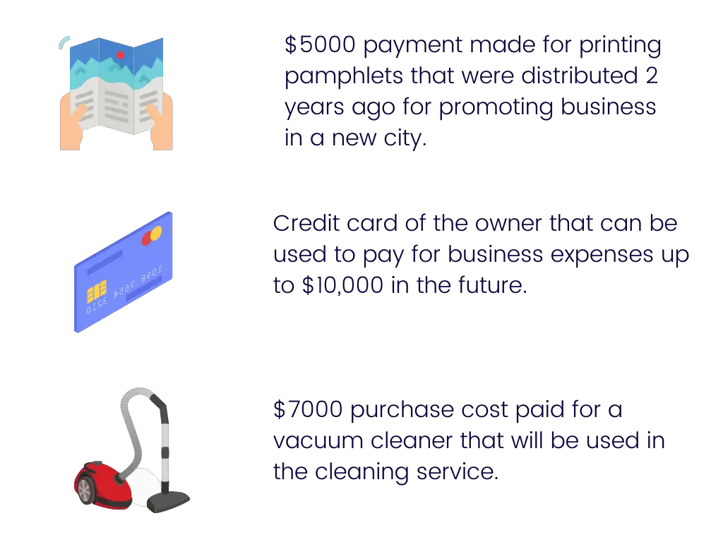 $5000 payment made for printing pamphlets that were distributed 2 years ago for promoting business in a new city. Credit card of the owner that can be used to pay for business expenses up to $10,000 in the future. $7000 purchase cost paid for a vacuum cleaner that will be used in the cleaning service.